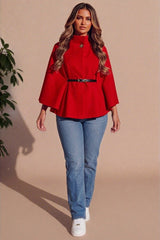 Red Belted High Neck Cape Coat - Vivienne