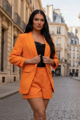 Orange Ruched Sleeve Blazer and Shorts Co Ord Set - Saha