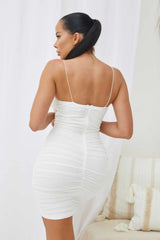 White Mesh Ruched Sheer Panel Strappy Bodycon Mini Dress - Hester