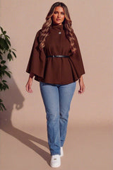Brown Belted High Neck Cape Coat - Vivienne