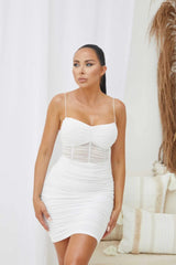 White Mesh Ruched Sheer Panel Strappy Bodycon Mini Dress - Hester