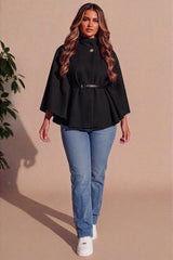 Black Belted High Neck Cape Coat - Vivienne