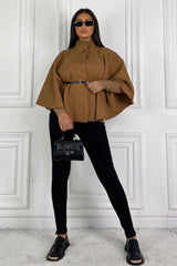 Camel Belted High Neck Cape Coat - Vivienne