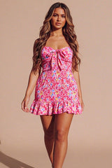 Pink Ditsy Floral Knot Front Shirred Mini Dress - Amarisse