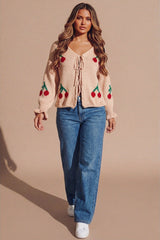 Pink Cherry Print Knit Tie Front Cardigan- Misha