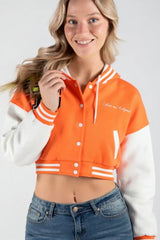 Neon Orange Hooded Varsity Jacket with Contrast Sleeves-Honon