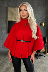 Red Belted High Neck Cape Coat - Vivienne