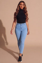 Light Blue Wash High Waisted Button Detail Skinny Jeans- Zenkina