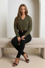 Khaki Button Front Cable Knit Long Sleeve Cropped Cardigan - Kinsley