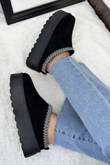 Black Platform Slip On with Embroidered Braid Slippers - Salva
