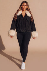 Black Denim Cream Faux Fur Fluffy Oversized Jacket - Sacha