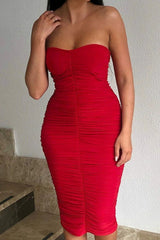 Red Ruched Strapless Bodycon Midi Dress - Vita