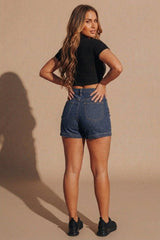 Mid Blue High Waisted Roll Hem Denim Shorts - Maura