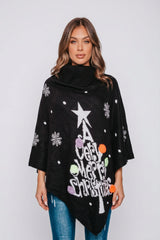 Black Pom Pom Merry Christmas knitted Poncho - Aviva