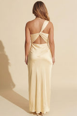 Yellow Satin One Shoulder Twist Back Cut Out Maxi Dress- Kavira