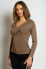 Mocha Rib Off The Shoulder V Front V Back Long Sleeve Top - Everly