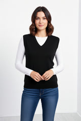 Black  V Neck Sleeveless Knitted Vest- Hanya