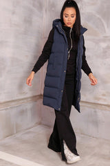 Navy Sleeveless Longline Midi Zip Up Hooded Puffer Gilet - Terri