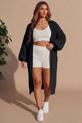 Black Knitted Long Sleeve Pocket Detail Ribbed Cardigan - Leanne