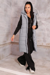 Smoke Grey Sleeveless Longline Midi Zip Up Hooded Puffer Gilet - Terri