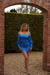 Blue Satin Bardot Long Puff Sleeve Bodycon Mini Dress - Tiara