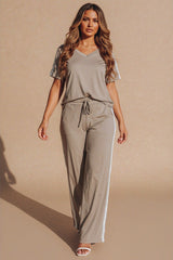 Mocha Stripe Detail Wide Leg Lounge Set - Tranx
