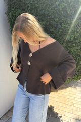 Brown V-Neck Knit Long Sleeve Sweater with Gold Button Details Cardigan Top - Liorena