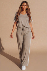 Mocha Stripe Detail Wide Leg Lounge Set - Tranx