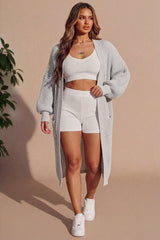 Grey Knitted Long Sleeve Pocket Detail Ribbed Cardigan - Leanne