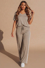 Mocha Stripe Detail Wide Leg Lounge Set - Tranx