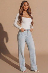 White Slinky Long Sleeve Square Neck Top - Thalina