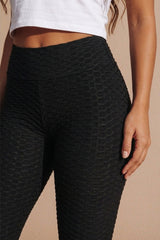 Black Honeycomb Textured High Waisted Scrunch Leggings - Poinr