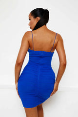 Blue Mesh Ruched Sheer Panel Strappy Bodycon Mini Dress - Hester