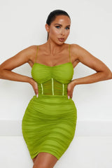 Olive Mesh Ruched Sheer Panel Strappy Bodycon Mini Dress - Hester