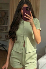 Sage Ribbed Button Front Crop Top With Drawstring Shorts Set - Sandra