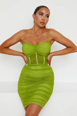 Olive Mesh Ruched Sheer Panel Strappy Bodycon Mini Dress - Hester