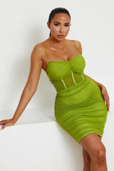 Olive Mesh Ruched Sheer Panel Strappy Bodycon Mini Dress - Hester