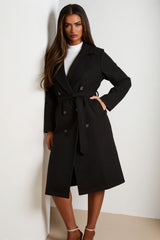 Black Double Breasted Black Button Detail Belted Trench Coat - Eliana