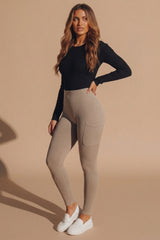 Beige Ribbed High Waisted Pocket Detail Leggings - Syra