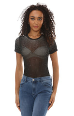 Black Crystal Embellished Black Mesh Bodysuit- Sylee