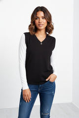 Black  V Neck Sleeveless Knitted Vest- Hanya