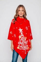 Red Pom Pom Merry Christmas knitted Poncho - Aviva