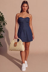 Dark Blue Wash Denim Bandeau Skater Mini Dress - Ryana