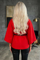 Red Belted High Neck Cape Coat - Vivienne