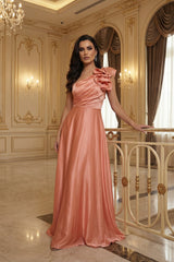 Coral One Shoulder Ruffle Detail Maxi Dress-Zxina