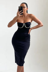 Black Diamante Cup Detail Midi Bodycon Dress - Esme