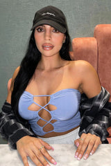 Blue Strapless Lace Up Cut Out Crop Top - Helen