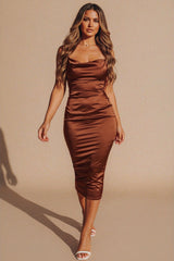Chocolate Cowl Neck Satin Lace Up Back Strappy Bodycon Midi Dress - Marley