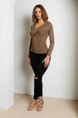 Mocha Rib Off The Shoulder V Front V Back Long Sleeve Top - Everly