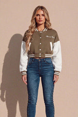Khaki Varsity Slogan Contrast Sleeve Bomber - Hallie
